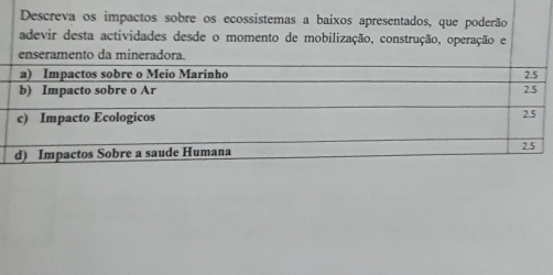 Descreva os impactos sobre os ecossistemas a baixos apresentados, que poderão 
adevir desta actividades desde o momento de mobilização, construção, operação e