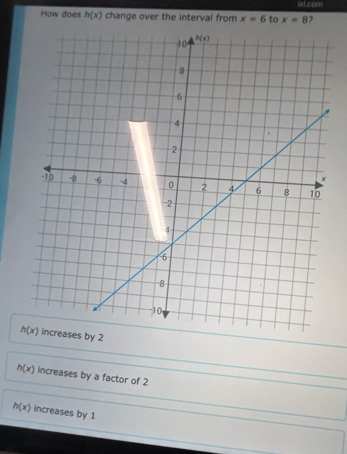 ixt.com
How does h(x) change over the interval from x=6 to x=8 ?
by 2
h(x) increases by a factor of 2
h(x) increases by 1