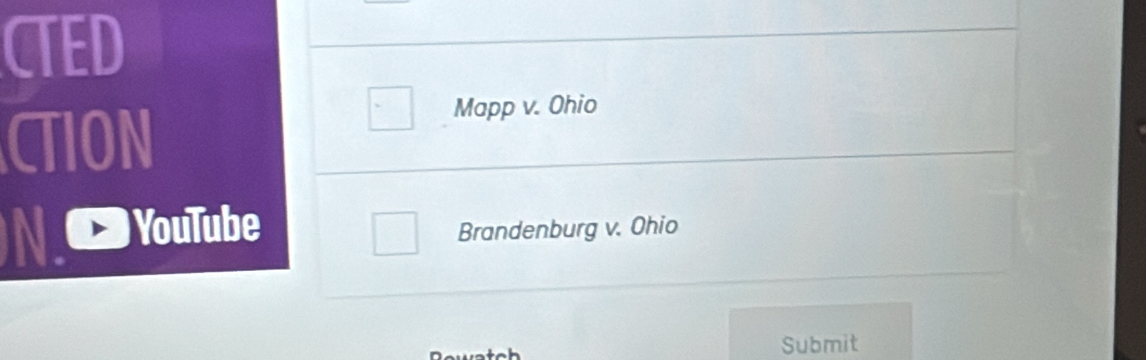 CTED 
CTION 
Mapp v. Ohio 
N. YouTube Brandenburg v. Ohio 
Submit