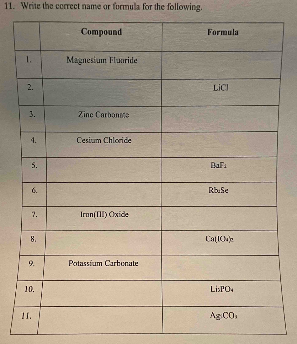 Write the correct name or formula for the following.