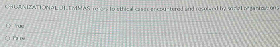 ORGANIZATIONAL DILEMMAS refers to ethical cases encountered and resolved by social organizations
True
False