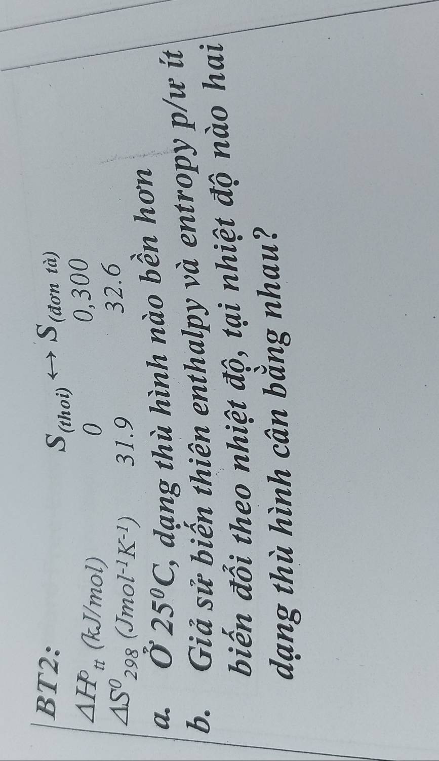 BT2: S
S_(thoi)
(đơn tà)
△ H^p_tt(kJ/mol)
0
0,300
△ S^0_298(Jmol^(-1)K^(-1)) 31.9 32.6
a. 0°25°C , dạng thù hình nào bền hơn 
b. Giả sử biến thiên enthalpy và entropy p/ư ít 
biến đổi theo nhiệt độ, tại nhiệt độ nào hai 
dạng thù hình cân bằng nhau?