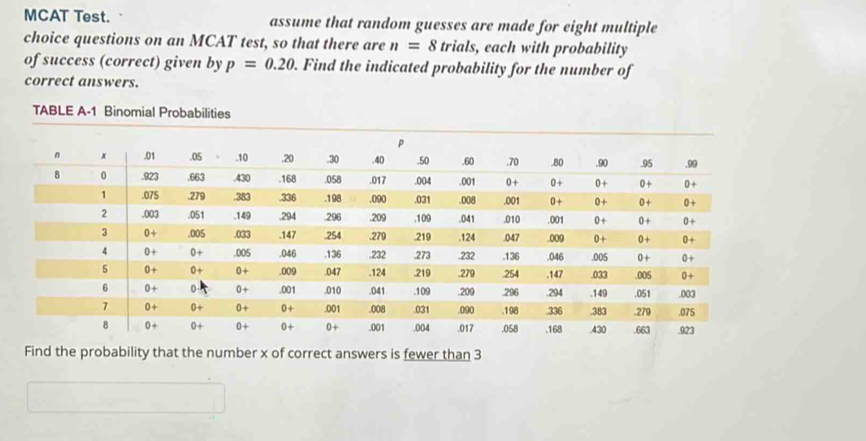 MCAT Test. assume that random guesses are made for eight multiple 
choice questions on an MCAT test, so that there are n=8 trials, each with probability 
of success (correct) given by p=0.20. Find the indicated probability for the number of 
correct answers. 
TABLE A-1 Binomial Probabilities 
Find the probability that the number x of correct answers is fewer than 3