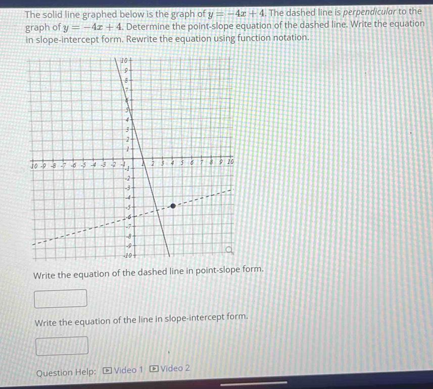 The solid line graphed below is the graph of y=-4x+4. The dashed line is perpendicular to the
graph of y=-4x+4. Determine the point-slope equation of the dashed line. Write the equation
in slope-intercept form. Rewrite the equation using function notation.
Write the equation of the dashed line in point-slope form.
Write the equation of the line in slope-intercept form.
Question Help: Video 1 Video 2