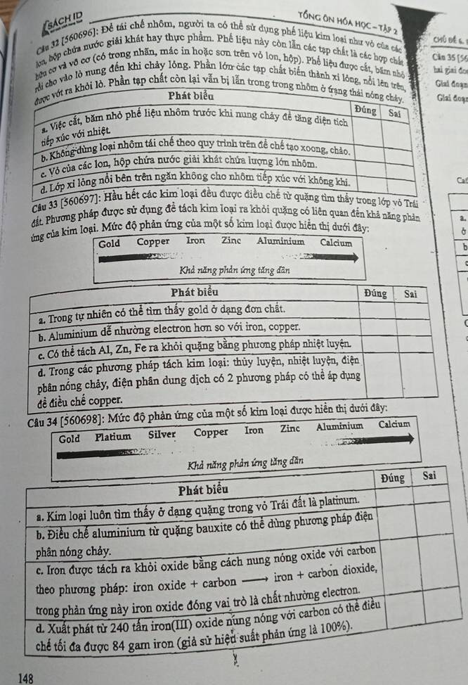 bách id
Tổng ôn Hóa Học -Tập 2
CHủ Đề 6 1
Căa 32 [ 560696 ]: Để tái chế nhôm, người ta có thể sử dụng phế liệu kim loại như vỏ của các
lon, hộp chứa nước giải khát hay thực phẩm. Phế liệu này còn lẫn các tạp chất là các hợp chấc Căo 35 [ 56
hữu cơ và vô cơ (có trong nhãn, mác in hoặc sơn trên vỏ lon, hộp). Phế liệu được cắt, bắm nhỏ hai giai đơn
ho vào lò nung đến khi chảy lỏng. Phần lớn các tạp chất biến thành xỉ lông, nổi đoạn
Phần tạp chất còn lại vẫn bị lẫn tro đoạn
Ca
Câu 33 [5 vỏ Trái
đất. Phương pháp được sử dụng đề tách kim loại ra khỏi quặng có liên quan đến khả năng phản a.
ứng của kim loại. Mức độ phản ứng của một số kim loại được hiển thị dưới đây:
Gold Copper Iron Zinc Aluminium Calcium
b
Khả năng phản ứng tăng dân
Câu 34 [560698]: Mức độ phản
Gold Platium Silver Copper Iron Zinc Aluminium Calcium
g tăng dăn
148