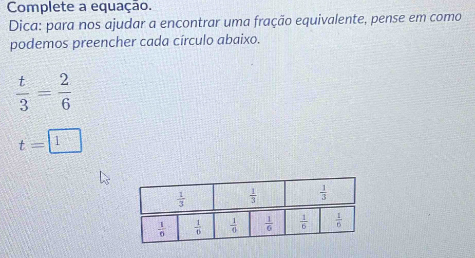 Complete a equação.
Dica: para nos ajudar a encontrar uma fração equivalente, pense em como
podemos preencher cada círculo abaixo.
 t/3 = 2/6 
t=□