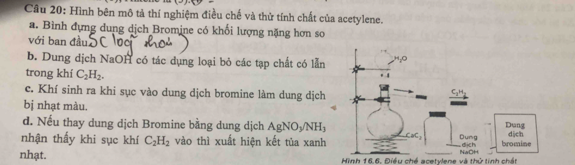 Hình bên mô tả thí nghiệm điều chế và thử tính chất của acetylene.
a. Bình đựng dung dịch Bromine có khối lượng nặng hơn so
với ban đầu
b. Dung dịch NaOH có tác dụng loại bỏ các tạp chất có lẫn
trong khí C_2H_2.
c. Khí sinh ra khi sục vào dung dịch bromine làm dung dịch
bị nhạt màu.
d. Nếu thay dung dịch Bromine bằng dung dịch AgNO_3/NH_3
nhận thấy khi sục khí C_2H_2 vào thì xuất hiện kết tủa xanh
nhạt. Hình 16.6. Điều chể acetylene và thử tinh chất