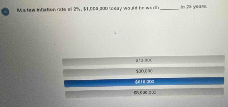 At a low inflation rate of 2%, $1,000,000 today would be worth _in 25 years.
$13,000
$30,000
$610.000
$8.000.000