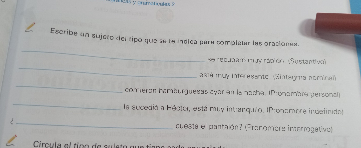 graficas y gramaticales 2 
_ 
Escribe un sujeto del tipo que se te indica para completar las oraciones. 
_ 
se recuperó muy rápido. (Sustantivo) 
_ 
está muy interesante. (Sintagma nominal) 
comieron hamburguesas ayer en la noche. (Pronombre personal) 
_ 
le sucedió a Héctor, está muy intranquilo. (Pronombre indefinido) 
_ 
cuesta el pantalón? (Pronombre interrogativo) 
Circula el tipo de sujeto que tiena