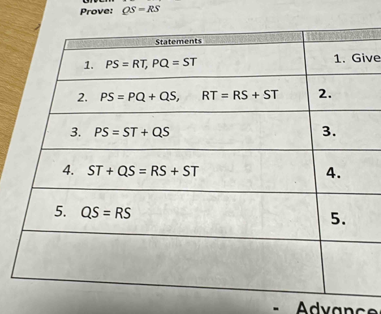 Prove: QS=RS
ve
=  Advanc