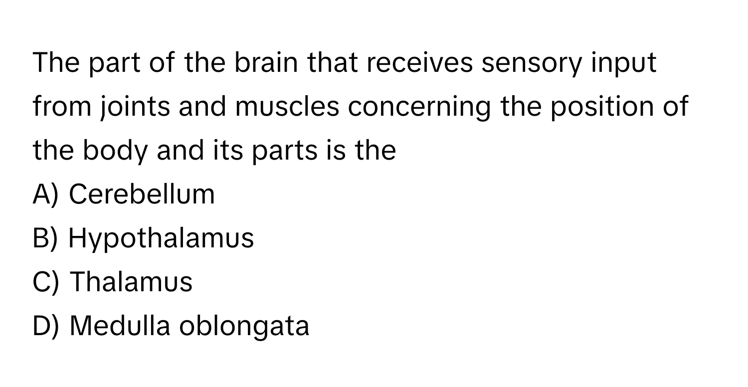 The part of the brain that receives sensory input from joints and muscles concerning the position of the body and its parts is the
A) Cerebellum
B) Hypothalamus
C) Thalamus
D) Medulla oblongata