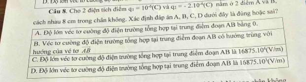 Độ lớn vec tổ cuc
Câu 8. Cho 2 điện tích điểm q_1=10^(-6)(C) và q_2=-2.10^(-6)(C) nằm ở 2 diêm A và B.
B, C, D dưới đây là đúng hoặc sai?
không