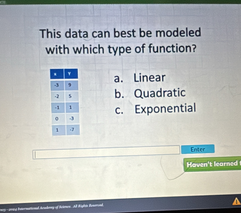 This data can best be modeled
with which type of function?
a. Linear
b. Quadratic
c. Exponential
Enter
Haven't learned 
I
2003 - 2024 International Academy of Science. AB Rights Reserved,