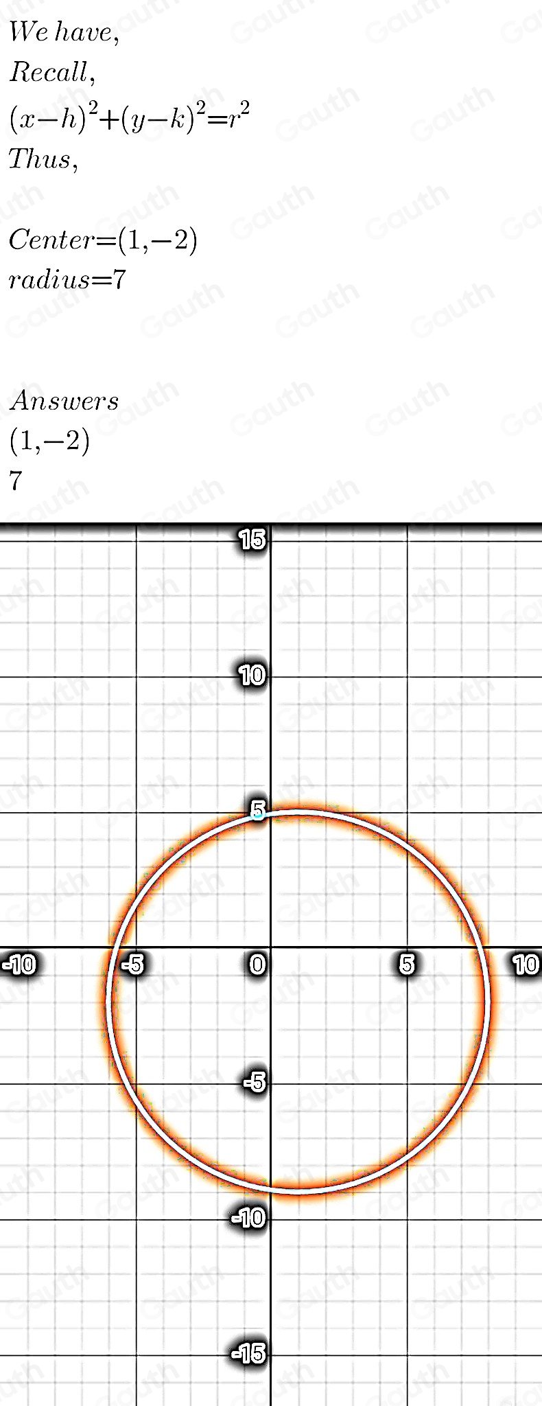 We have, 
Recall,
(x-h)^2+(y-k)^2=r^2
Thus, 
Cente r=(1,-2)
radius=7
Answers
(1,-2)
7
-1010