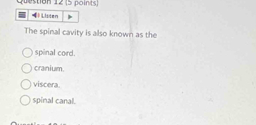 ◀ 》 Listen
The spinal cavity is also known as the
spinal cord.
cranium.
viscera.
spinal canal.