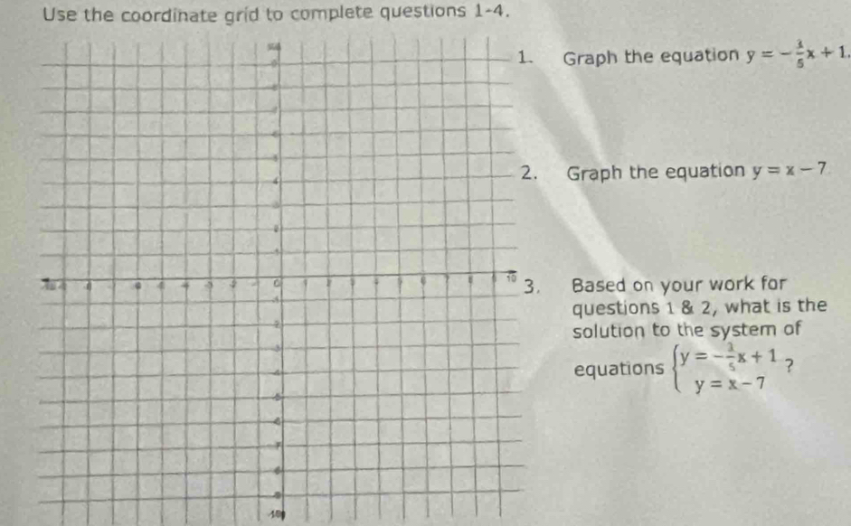 Use the coordinate grid to complete questions 1-4.
Graph the equation y=- 3/5 x+1. 
Graph the equation y=x-7
Based on your work for
questions 1 & 2, what is the
solution to the system of
equations beginarrayl y=- 3/5 x+1 y=x-7endarray. ？