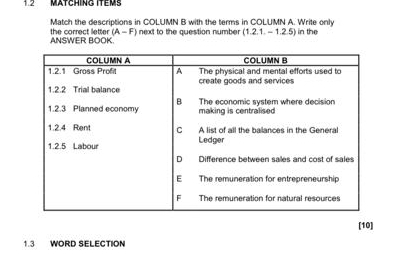 Match the descriptions in COLUMN B with the terms in COLUMN A. Write only 
ANSWER BOOK. the correct letter (A-F) next to the question number . (1.2.1.-1.2.5) in the 
[10]
1.3 WORD SELECTION