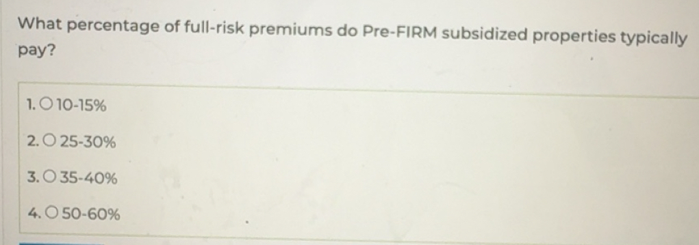 Solved: What percentage of full-risk premiums do Pre-FIRM subsidized ...