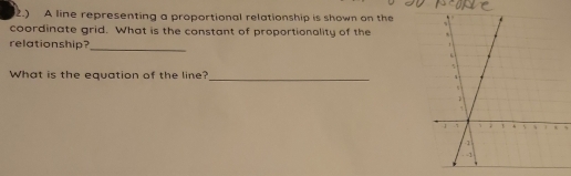 2.) A line representing a proportional relationship is shown on the 
coordinate grid. What is the constant of proportionality of the 
relationship?_ 
What is the equation of the line?_