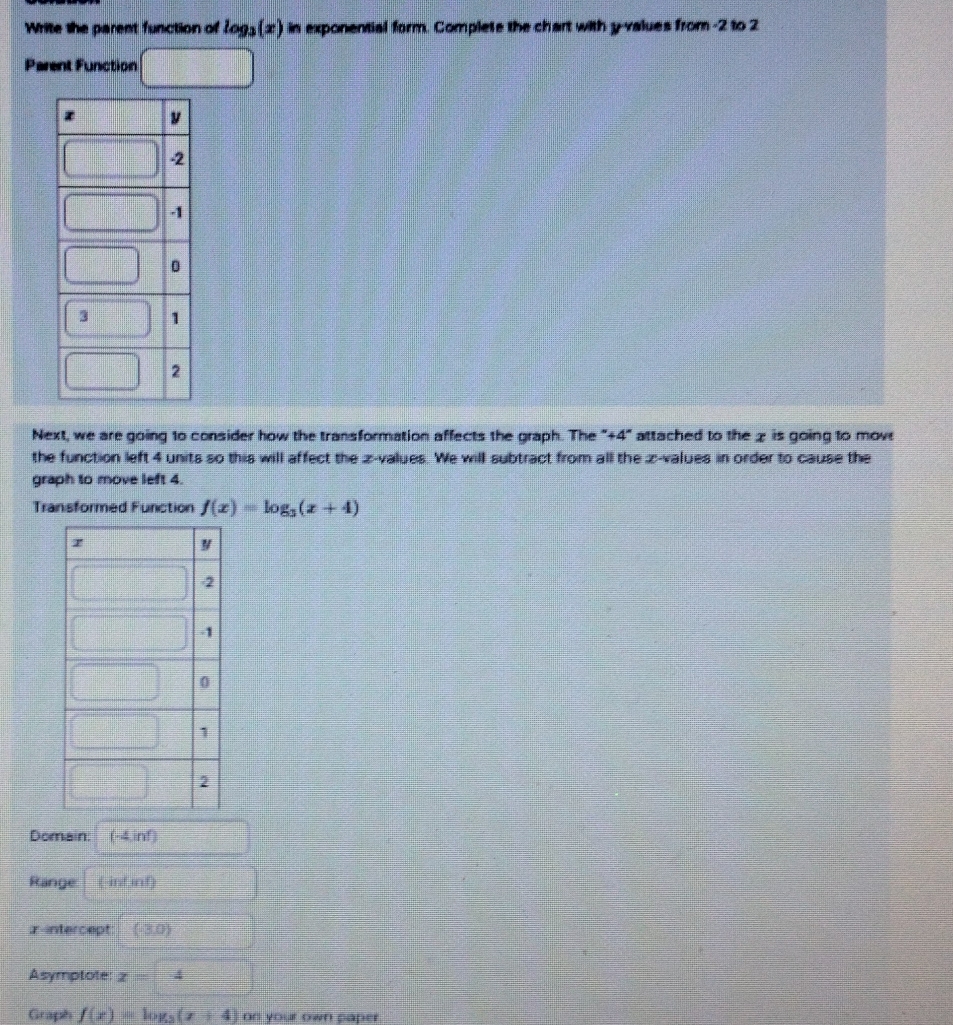 Write the parent function of log _3(x) in exponential form. Complete the chart with y values from -2 to 2
Parent Function 
Next, we are going to consider how the transformation affects the graph. The "+4" attached to the x is going to move 
the function left 4 units so this will affect the z-values. We will subtract from all the z-values in order to cause the 
graph to move left 4. 
Transformed Function f(x)=log _3(x+4)
Domain (-4,inf)
Range (-inf.inf) 
x-intercept (-3,0)
Asymptote z=4
Graph f(x)=log _3(x+4) on your own paper