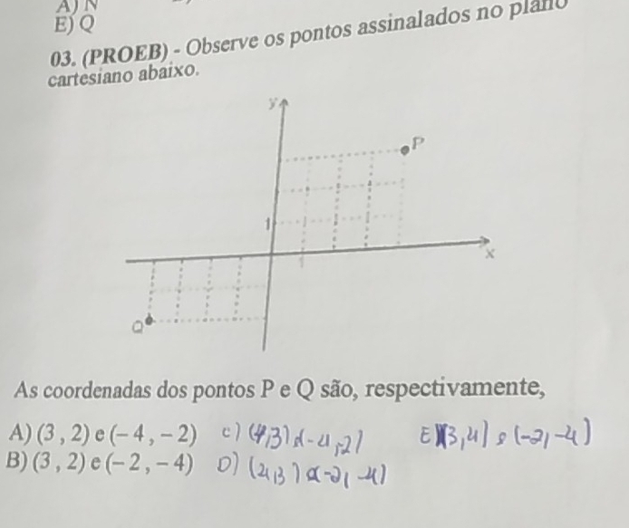 AJN
EJ Q
03. (PROEB) - Observe os pontos assinalados no plano
cartesiano abaixo.
y
P
1
Q
As coordenadas dos pontos P e Q são, respectivamente,
A) (3,2) e (-4,-2)
B) (3,2) e (-2,-4)