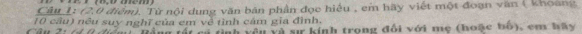 (2.0 điểm). Từ nội dung văn bán phần đọc hiểu , em hãy viết một đoạn văn ( khoang
10 cầu) nều suy nghĩ của em về tình cảm gia đình. 
Cầu 2i (40 điểg Bằng tất cả tình vêu và sự kính trong đối với mẹ (hoặc bố), em hãy