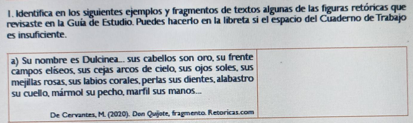 Identifica en los siguientes ejemplos y fragmentos de textos algunas de las figuras retóricas que 
revisaste en la Guía de Estudio. Puedes hacerlo en la libreta si el espacio del Cuaderno de Trabajo 
es insuficiente. 
a) Su nombre es Dulcinea... sus cabellos son oro, su frente 
campos elíseos, sus cejas arcos de cielo, sus ojos soles, sus 
mejillas rosas, sus labios corales, perlas sus dientes, alabastro 
su cuello, mármol su pecho, marfil sus manos... 
De Cervantes, M. (2020). Don Quijote, fragmento. Retoricas.com