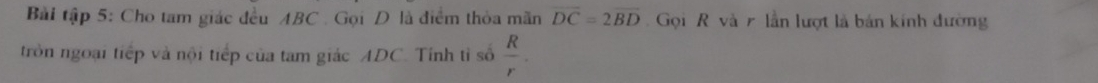 Bài tập 5: Cho tam giác đều ABC. Gọi D là điểm thỏa mãn overline DC=2overline BD Gọi R và r lần lượt là bản kính đường 
tròn ngoại tiếp và nội tiếp của tam giác ADC. Tính tỉ số  R/r .
