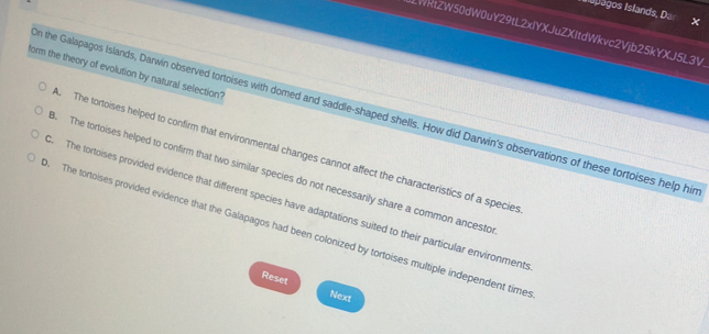 Ispagos Islands, Dan x
LWRtZW50dW0uY29tL2xlYXJuZXItdWkvc2Vjb25kYXJ5L3V
form the theory of evolution by natural selection?
n the Galapagos Islands, Darwin observed tortoises with domed and saddle-shaped shells. How did Darwin's observations of these tortoises help hir. The tortoises helped to confirm that environmental changes cannot affect the characteristics of a species
8. The tortoises helped to confirm that two similar species do not necessarily share a common ancesto. The tortoises provided evidence that different species have adaptations suited to their particular environment. The tortoises provided evidence that the Galapagos had been colonized by tortoises multiple independent times
Reset Next