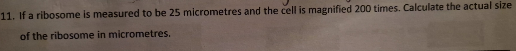 If a ribosome is measured to be 25 micrometres and the cell is magnified 200 times. Calculate the actual size 
of the ribosome in micrometres.