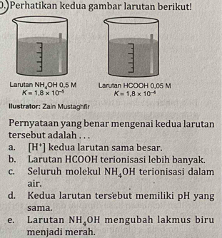 0.)Perhatikan kedua gambar larutan berikut!
Larutan NH₄OH 0,5 M Larutan HCOOH 0,05 M
K=1.8* 10^(-5) K=1.8* 10^(-4)
lustrator: Zain Mustaghfir
Pernyataan yang benar mengenai kedua larutan
tersebut adalah . . .
a. [H^+] kedua larutan sama besar.
b. Larutan HCOOH terionisasi lebih banyak.
c. Seluruh molekul NH_4OH terionisasi dalam
air.
d. Kedua larutan tersebut memiliki pH yang
sama.
e. Larutan NH_4 OH mengubah lakmus biru
menjadi merah.