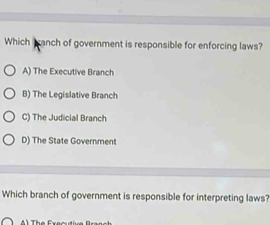 Which fanch of government is responsible for enforcing laws?
A) The Executive Branch
B) The Legislative Branch
C) The Judicial Branch
D) The State Government
Which branch of government is responsible for interpreting laws?
A The Executive Branch