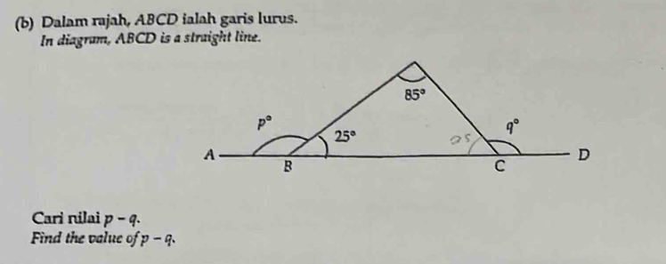 Dalam rajah, ABCD ialah garis lurus.
In diagram, ABCD is a straight line.
Cari nilai p-q.
Find the value of p-q.