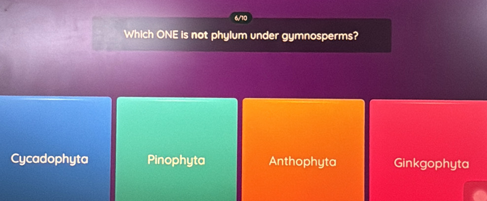 6/10
Which ONE is not phylum under gymnosperms?
Cycadophyta Pinophyta Anthophyta Ginkgophyta