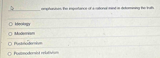 emphasises the importance of a rational mind in determining the truth.
Ideology
Modernism
Postmodernism
Postmodernist relativism