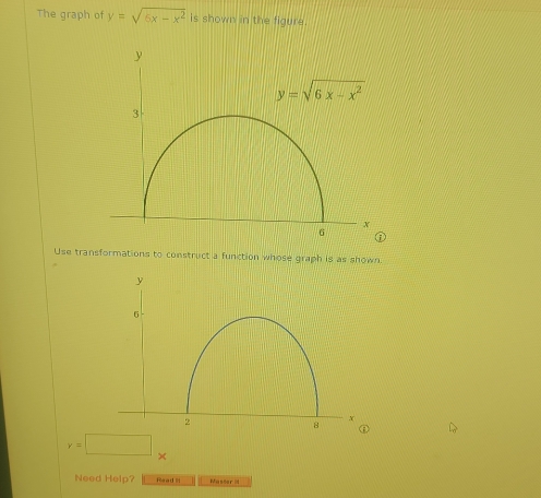 The graph of y=sqrt(5x-x^2) is shown in the figure 
Use transformations to construct a function whose graph is as shown
y=□ □ 
Need Help? Read Master i