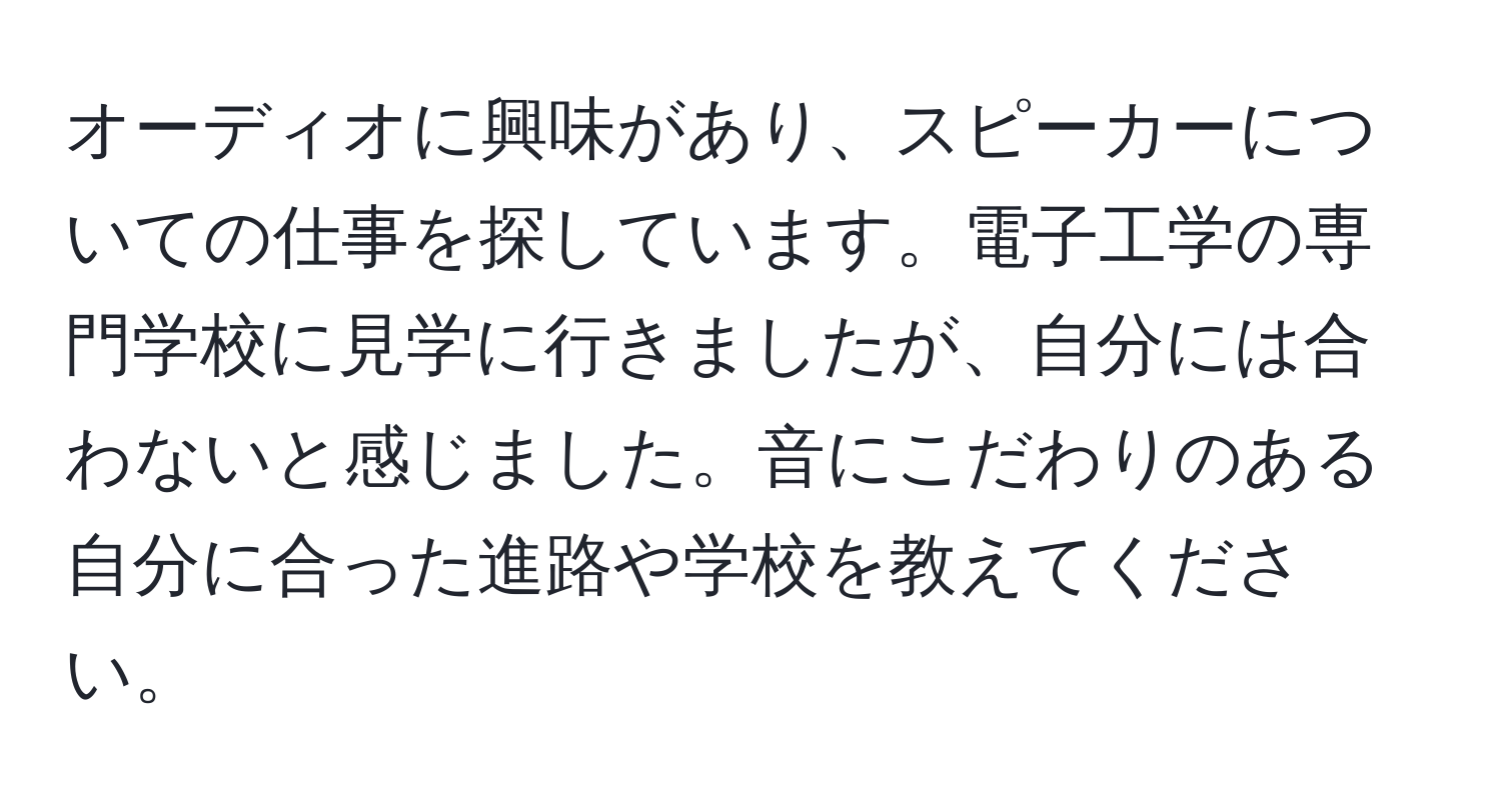 オーディオに興味があり、スピーカーについての仕事を探しています。電子工学の専門学校に見学に行きましたが、自分には合わないと感じました。音にこだわりのある自分に合った進路や学校を教えてください。