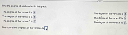 Find the degree of each vertex in the graph.
The degree of the vertex A is . The degree of the vertex D is 3. 
The degree of the vertex B is 4. The degree of the vertex E is 3!
The degree of the vertex C is 3! The degree of the vertex F is 0
The sum of the degrees of the vertices is □