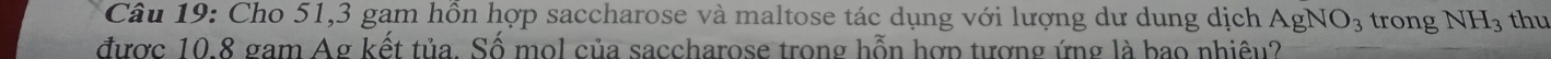 Cho 51, 3 gam hồn hợp saccharose và maltose tác dụng với lượng dư dung dịch AgNO_3 trong NH_3 thu 
được 10.8 gam Ag kết tủa. Số mol của saccharose trong hỗn hợp tượng ứng là bao nhiêu?