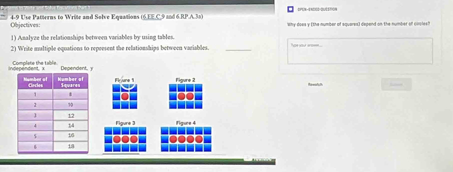 to Write and Solve Equations Part 1 OPEN-ENDED QUESTION 
4-9 Use Patterns to Write and Solve Equations (6.EE.C,9 and 6.RP.A.3a) 
Objectives: Why does y (the number of squares) depend on the number of circles? 
1) Analyze the relationships between variables by using tables. 
2) Write multiple equations to represent the relationships between variables. _Type your arose... 
Complete the table. 
Independent, x Dependent, y
Figure 1 Figure 2 Rewatch 
Figure 3 Figure 4