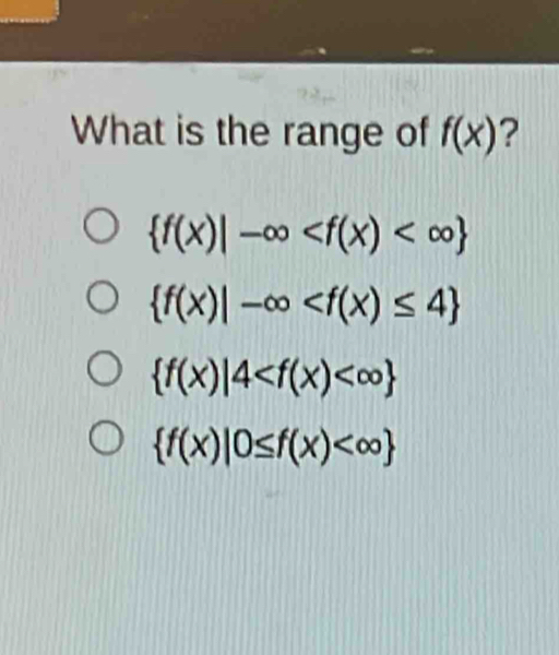 What is the range of f(x) ?
 f(x)|-∈fty
 f(x)|-∈fty
 f(x)|4
 f(x)|0≤ f(x)