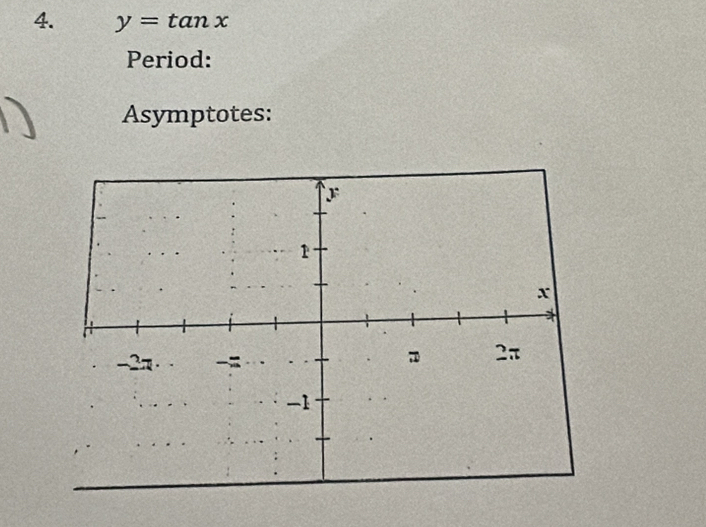 y=tan x
Period: 
Asymptotes: