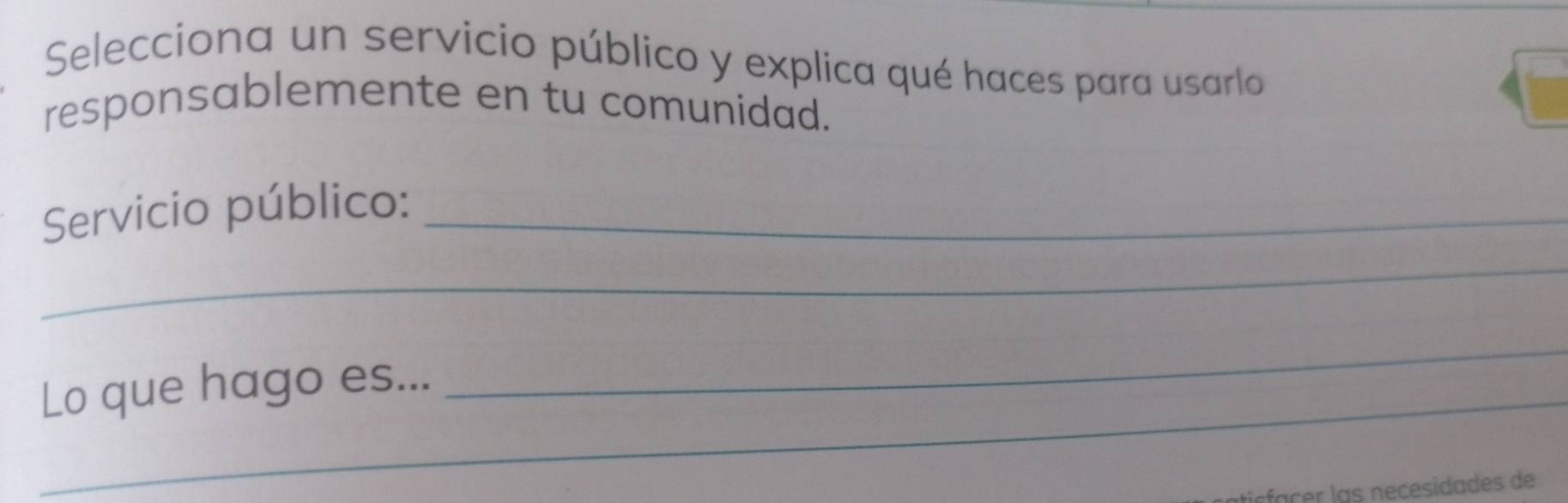 Selecciona un servicio público y explica qué haces para usarlo 
responsablemente en tu comunidad. 
Servicio público:_ 
_ 
_Lo que hago es... 
_ 
façer las necesídades de