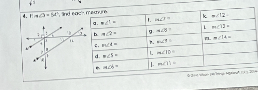 downarrow^5
4、If m∠ 3=54° , find ea
@ Gina 14