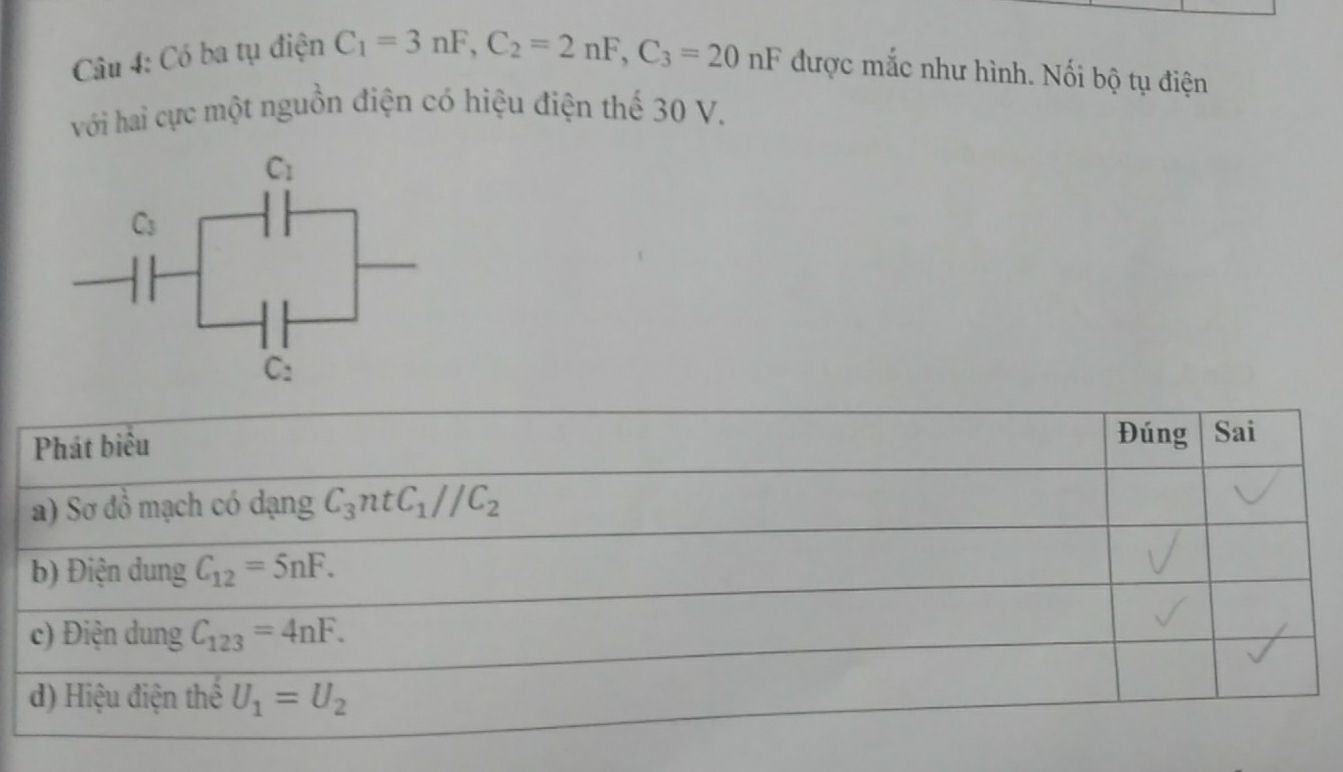 Có ba tụ điện
C_1=3nF,C_2=2nF,C_3=20nF được mắc như hình. Nối bộ tụ điện
với hai cực một nguồn điện có hiệu điện thế 30 V.