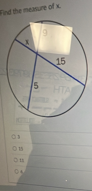 Find the measure of x.
3
15
11
6