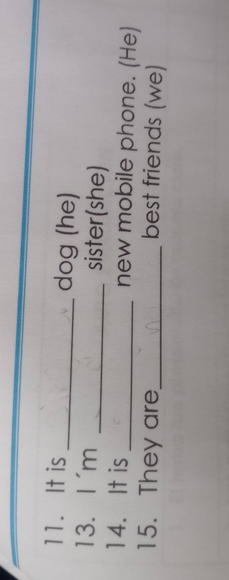 It is 
_dog (he) 
13. I'm_ 
sister(she) 
14. It is _new mobile phone. (He) 
15. They are_ 
best friends (we)