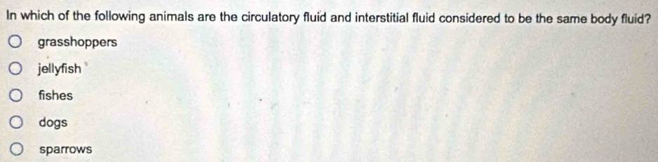 In which of the following animals are the circulatory fluid and interstitial fluid considered to be the same body fluid?
grasshoppers
jellyfish
fishes
dogs
sparrows