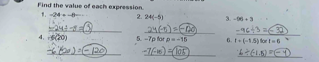 Find the value of each expression. 
1. -24+-8 2. 24(-5) 3. -96+3
_ 
_ 
_ 
4. / 6(20) 5. -7p for p=-15 6. t/ (-1.5)fort=6
_ 
_ 
_