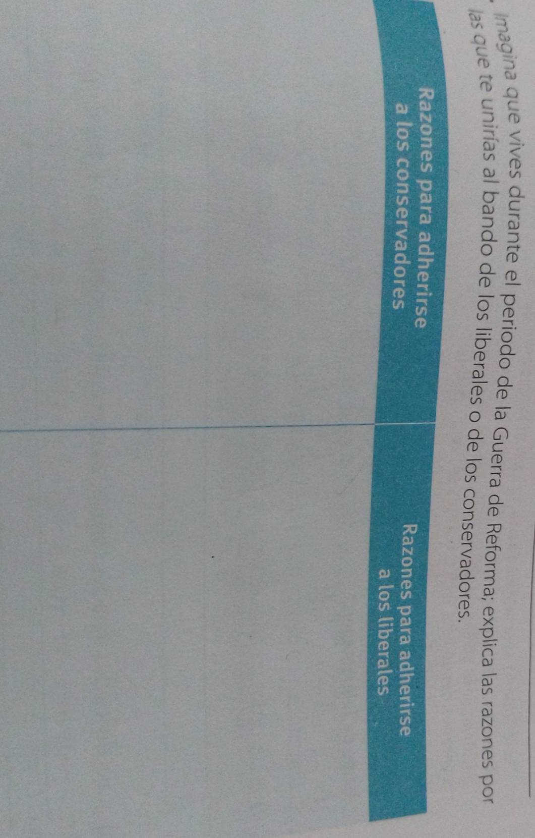 Imagina que vives durante el periodo de la Guerra de Reforma; explica las razones por 
las que te unirías al bando de los liberales o de los cons